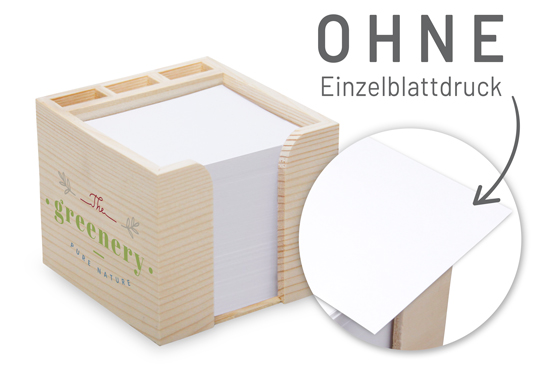 1018140110 Zettelbox aus echtem Holz mit Stifteköcher 10 x 10 x 8,5 cm Siebdruck Zettelbox aus echtem Holz mit Stifteköcher 10 x 10 x 8,5 cm Siebdruck