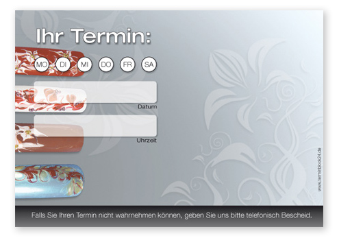 Terminzettel "creative Nail Art" - 1 Termin mit Wochentagen Terminzettel "creative Nail Art" - 1 Termin mit Wochentagen