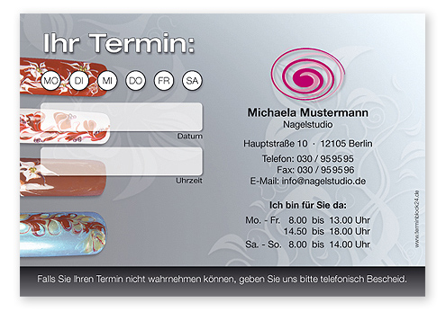 Terminzettel "creative Nail Art" - 1 Termin mit Wochentagen Terminzettel "creative Nail Art" - 1 Termin mit Wochentagen