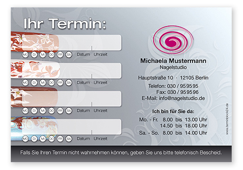 1214010448 Terminzettel "creative Nail Art" - 4 Termine mit Wochentagen Terminzettel "creative Nail Art" - 4 Termine mit Wochentagen