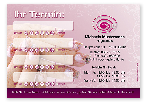 Terminzettel "Nail Art" - 4 Termine mit Wochentagen