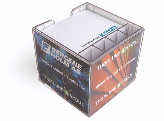 Doppelwandige Zettelbox mit Stifteköcher im Digitaldruck