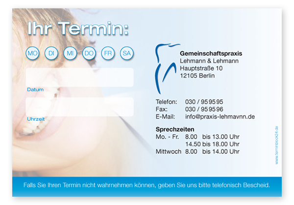 1214010124 Terminzettel "healthy Smiles" - 1 Termin mit Wochentagen Terminzettel "healthy Smiles" - 1 Termin mit Wochentagen